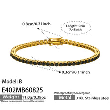 Size chart of black cubic zirconia tennis bracelet in 18K PVD gold stainless steel, 19 cm
