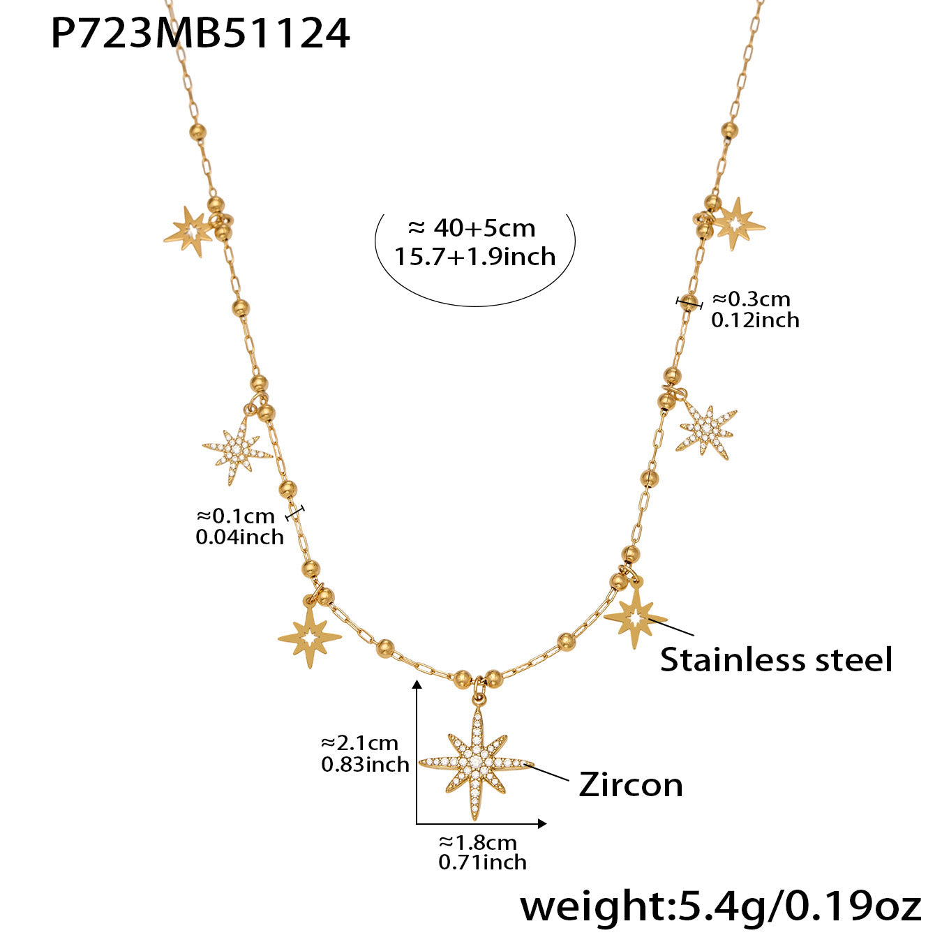 316L Stainless Steel 18K Gold PVD Starburst Pavé Zircon Pendant Necklace