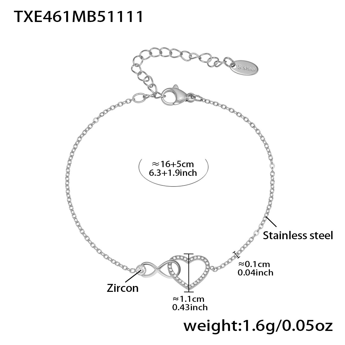 316L Stainless Steel Infinity Heart Zirconia Bracelet & Necklace