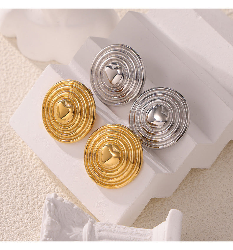 316L Stainless Steel 18K Gold PVD Multi-Layer Circle Heart Shield Stud Earrings