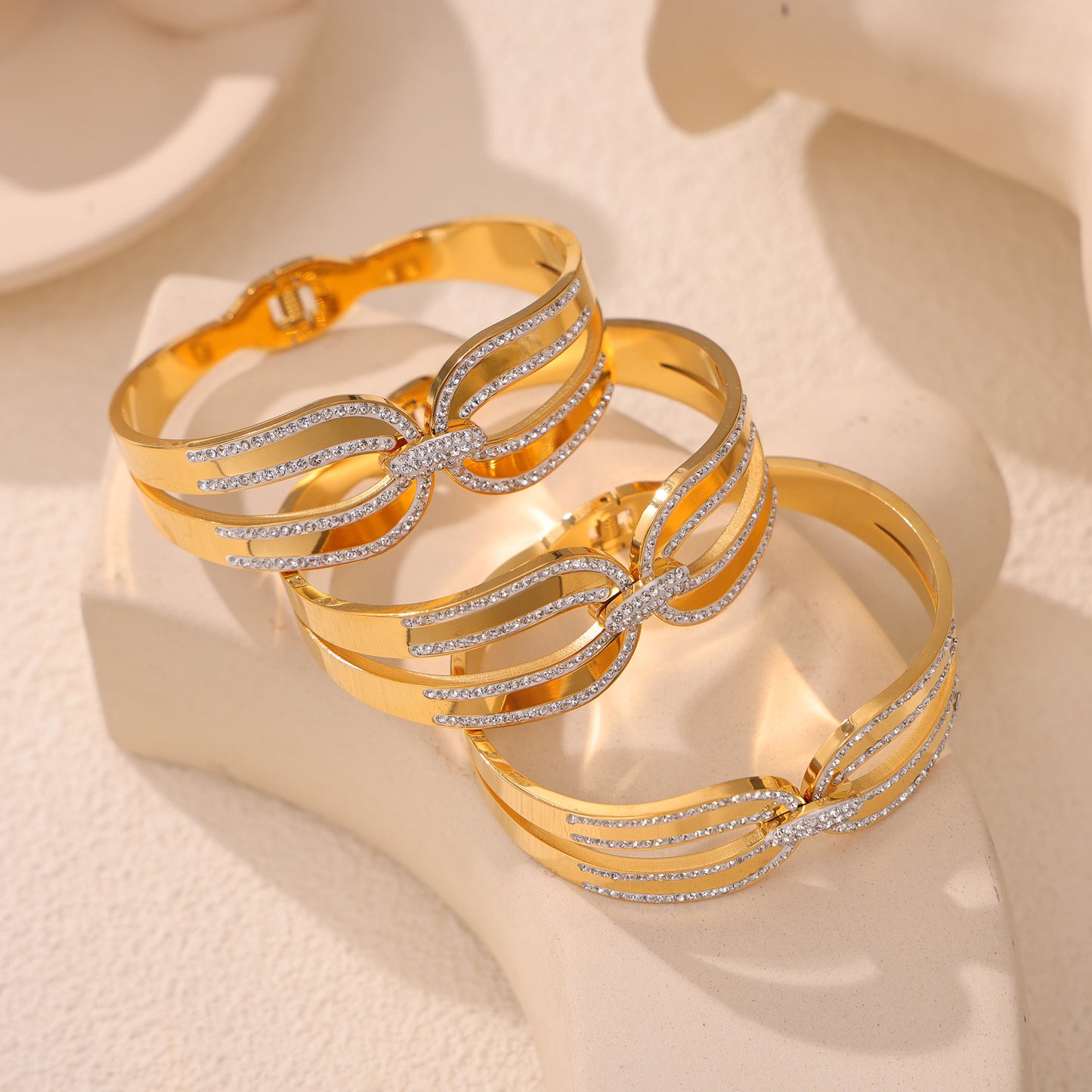 316L Stainless Steel 18K PVD Gold Double Layer Zircon Bangle made with 316L stainless steel and 18K PVD gold finish for wholesale jewelry buyers - image 12