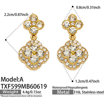316L Stainless Steel 18K Gold PVD Full Zircon Four Leaf Clover Jewelry Set - Four Leaf Clover Full Zircon Luxury Gold Jewelry Colorful Zircon Necklace Bracelet Earrings Wholesale Stainless Steel Jewelry - Sensitive Skin Friendly - Detail 18