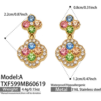 316L Stainless Steel 18K Gold PVD Full Zircon Four Leaf Clover Jewelry Set - Four Leaf Clover Full Zircon Luxury Gold Jewelry Colorful Zircon Necklace Bracelet Earrings Wholesale Stainless Steel Jewelry - Sensitive Skin Friendly - Detail 19