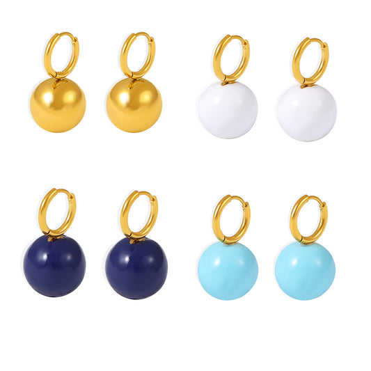 Gold and steel-tone ball drop hoop earrings in gold, white, navy and light blue options