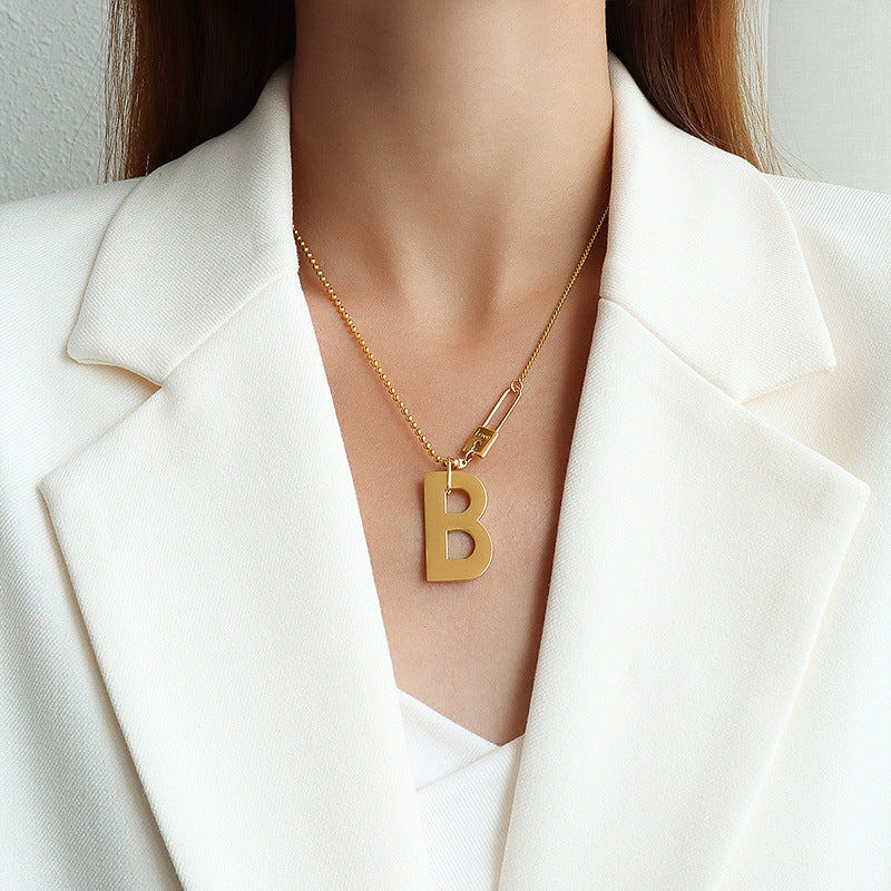 B Letter Lock Necklace in Steel Color