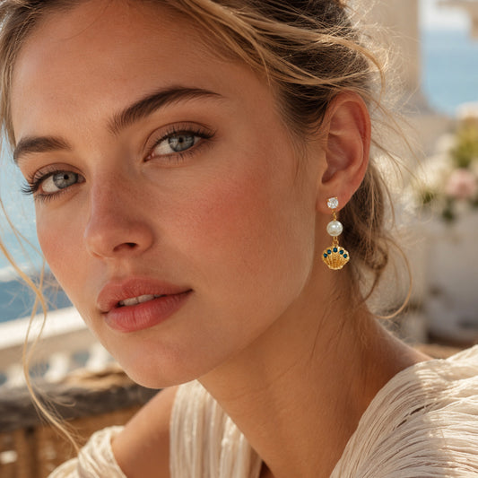 Ocean Series White Zircon Shell Gold Earrings