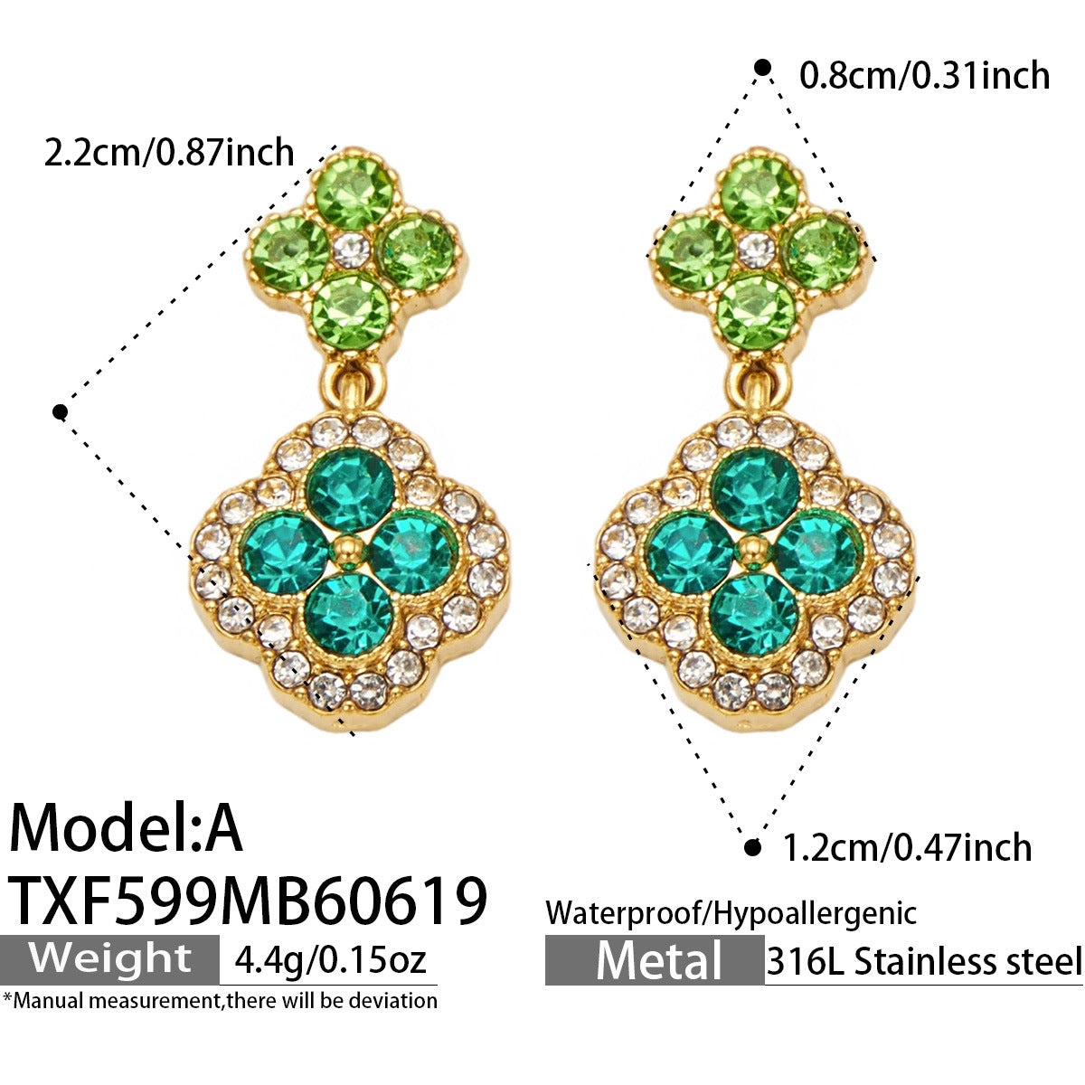 316L Stainless Steel 18K Gold PVD Full Zircon Four Leaf Clover Jewelry Set - Four Leaf Clover Full Zircon Luxury Gold Jewelry Colorful Zircon Necklace Bracelet Earrings Wholesale Stainless Steel Jewelry - Sensitive Skin Friendly - Detail 21
