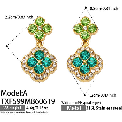 316L Stainless Steel 18K Gold PVD Full Zircon Four Leaf Clover Jewelry Set - Four Leaf Clover Full Zircon Luxury Gold Jewelry Colorful Zircon Necklace Bracelet Earrings Wholesale Stainless Steel Jewelry - Sensitive Skin Friendly - Detail 21