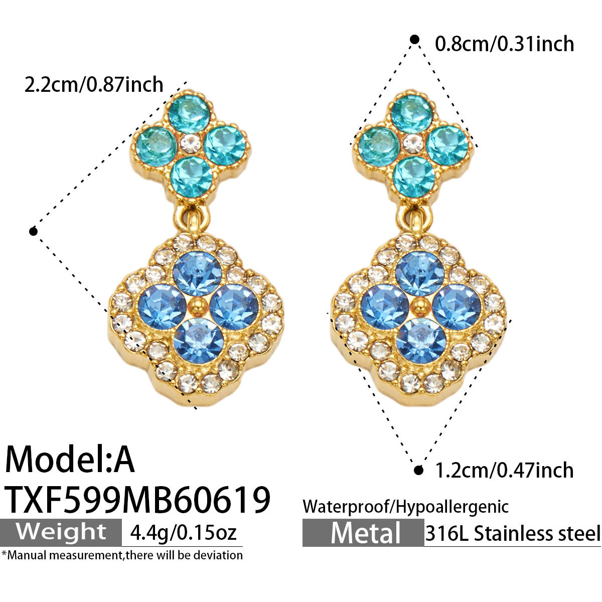 316L Stainless Steel 18K Gold PVD Full Zircon Four Leaf Clover Jewelry Set - Four Leaf Clover Full Zircon Luxury Gold Jewelry Colorful Zircon Necklace Bracelet Earrings Wholesale Stainless Steel Jewelry - Sensitive Skin Friendly - Detail 23