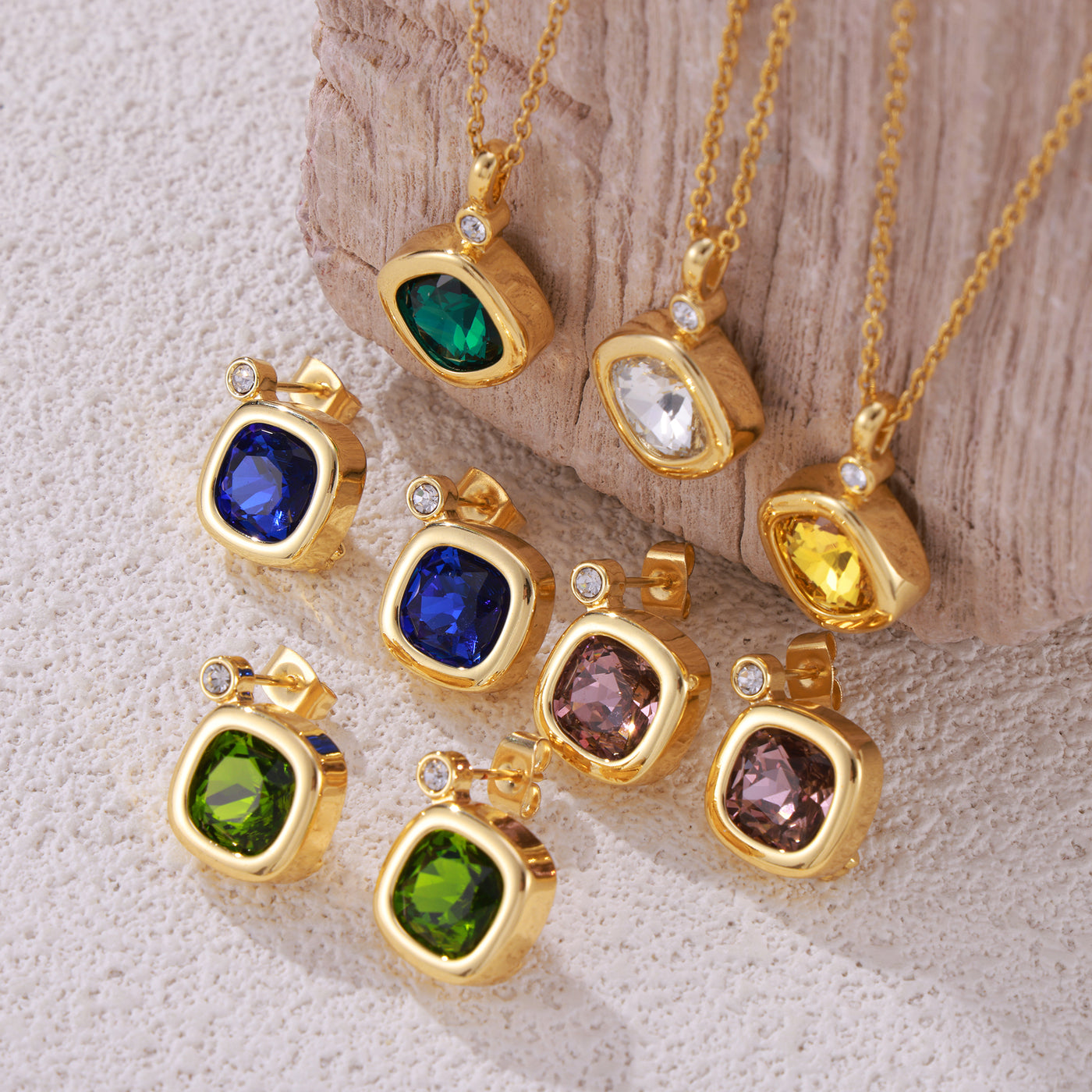 316L Stainless Steel 18K PVD Gold Colorful Zircon Earrings and Necklace Collection made with 316L stainless steel and 18K PVD gold finish for wholesale jewelry buyers - image 24