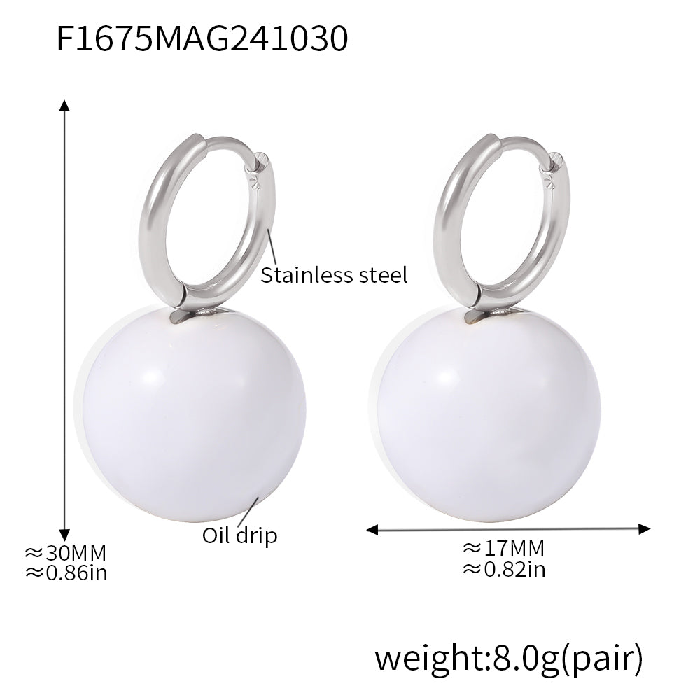 Size guide for white ball drop earrings with steel-tone hoops