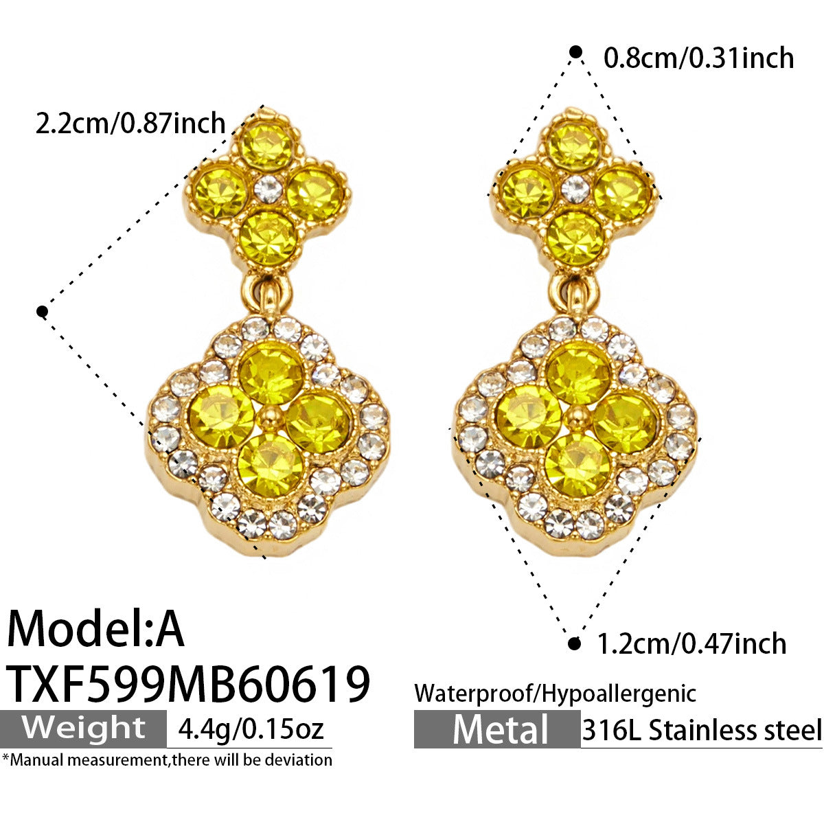 316L Stainless Steel 18K Gold PVD Full Zircon Four Leaf Clover Jewelry Set - Four Leaf Clover Full Zircon Luxury Gold Jewelry Colorful Zircon Necklace Bracelet Earrings Wholesale Stainless Steel Jewelry - Sensitive Skin Friendly - Detail 26