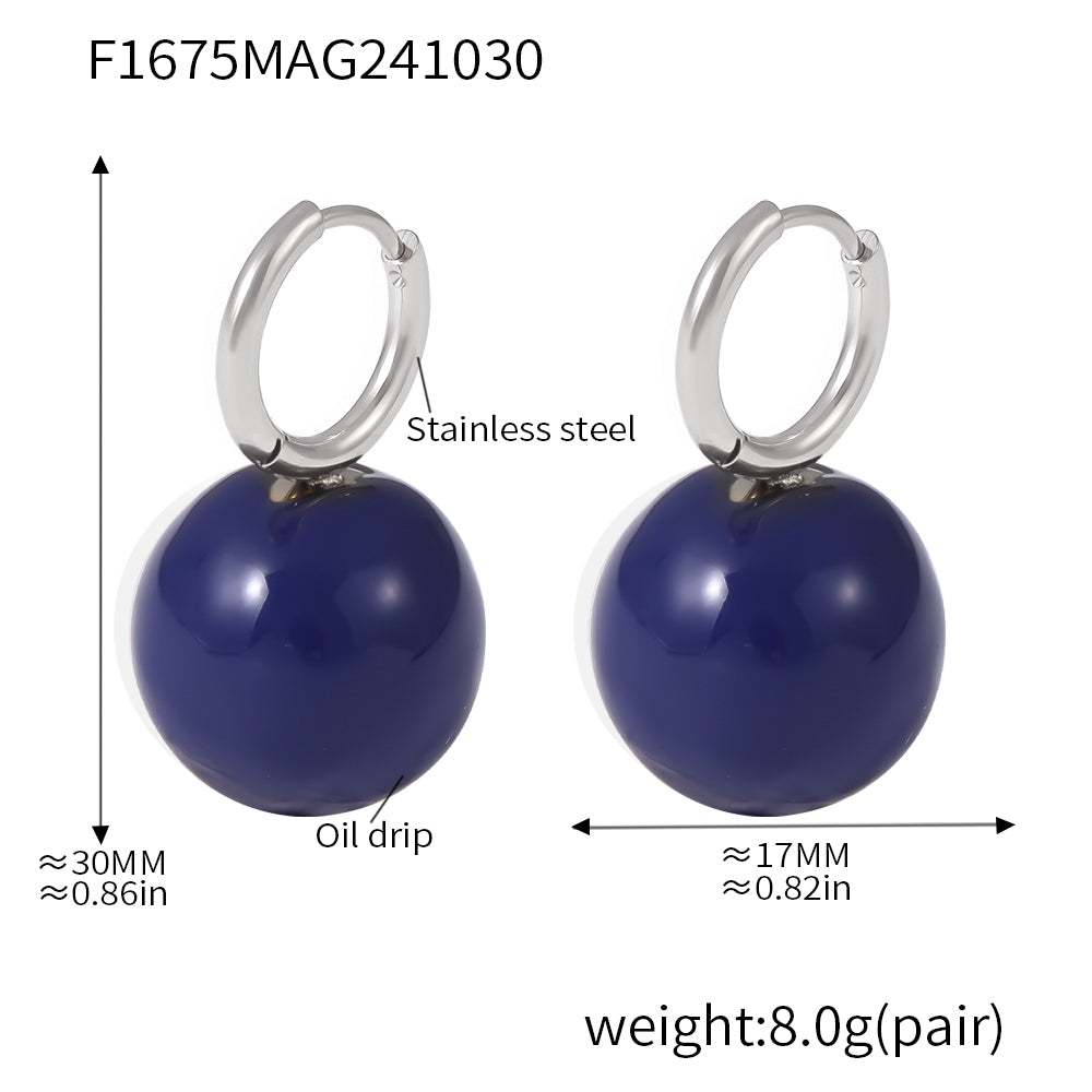 Size guide for navy ball drop earrings with steel-tone hoops