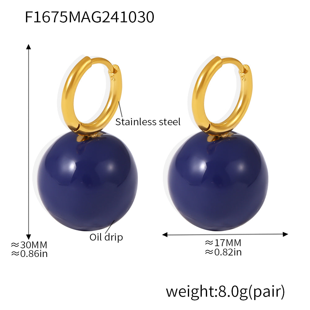 Size guide for navy ball drop earrings with gold-tone hoops