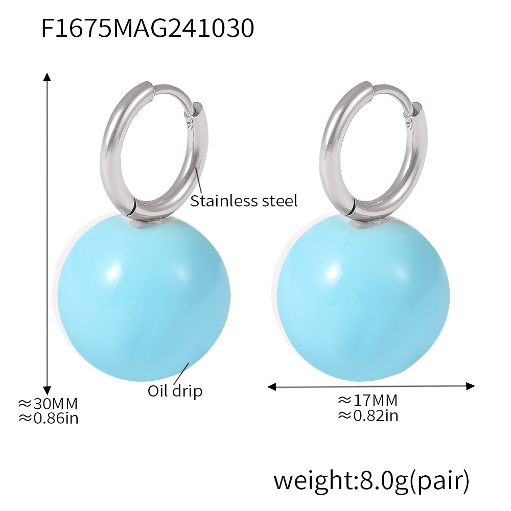 Size guide for light blue ball drop earrings with steel-tone hoops