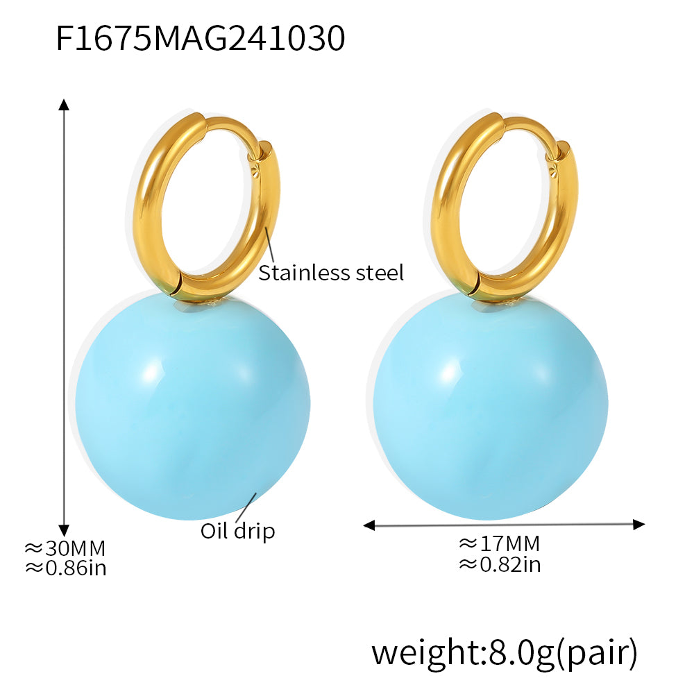 Size guide for light blue ball drop earrings with gold-tone hoops