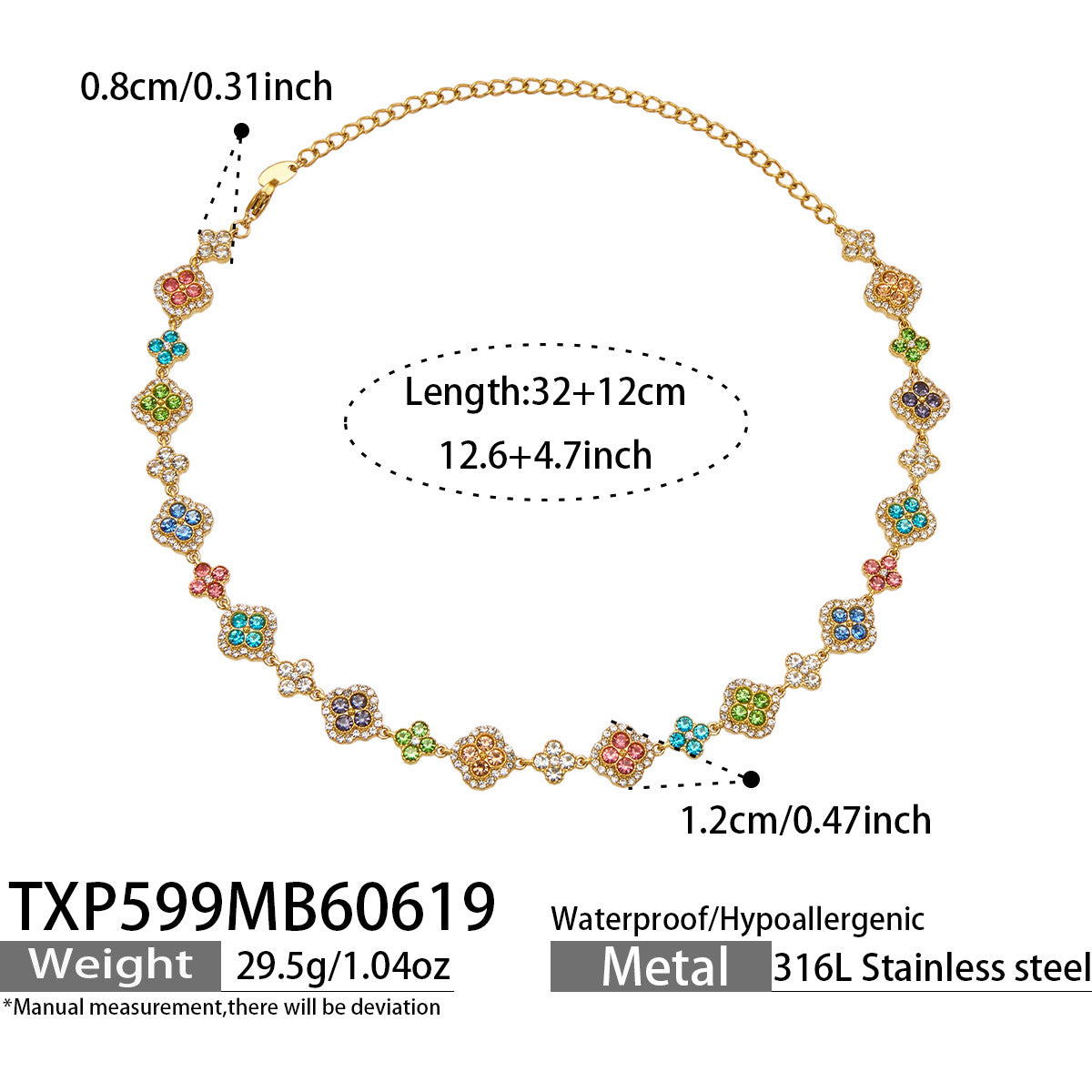 316L Stainless Steel 18K Gold PVD Full Zircon Four Leaf Clover Jewelry Set - Four Leaf Clover Full Zircon Luxury Gold Jewelry Colorful Zircon Necklace Bracelet Earrings Wholesale Stainless Steel Jewelry - Sensitive Skin Friendly - Detail 39