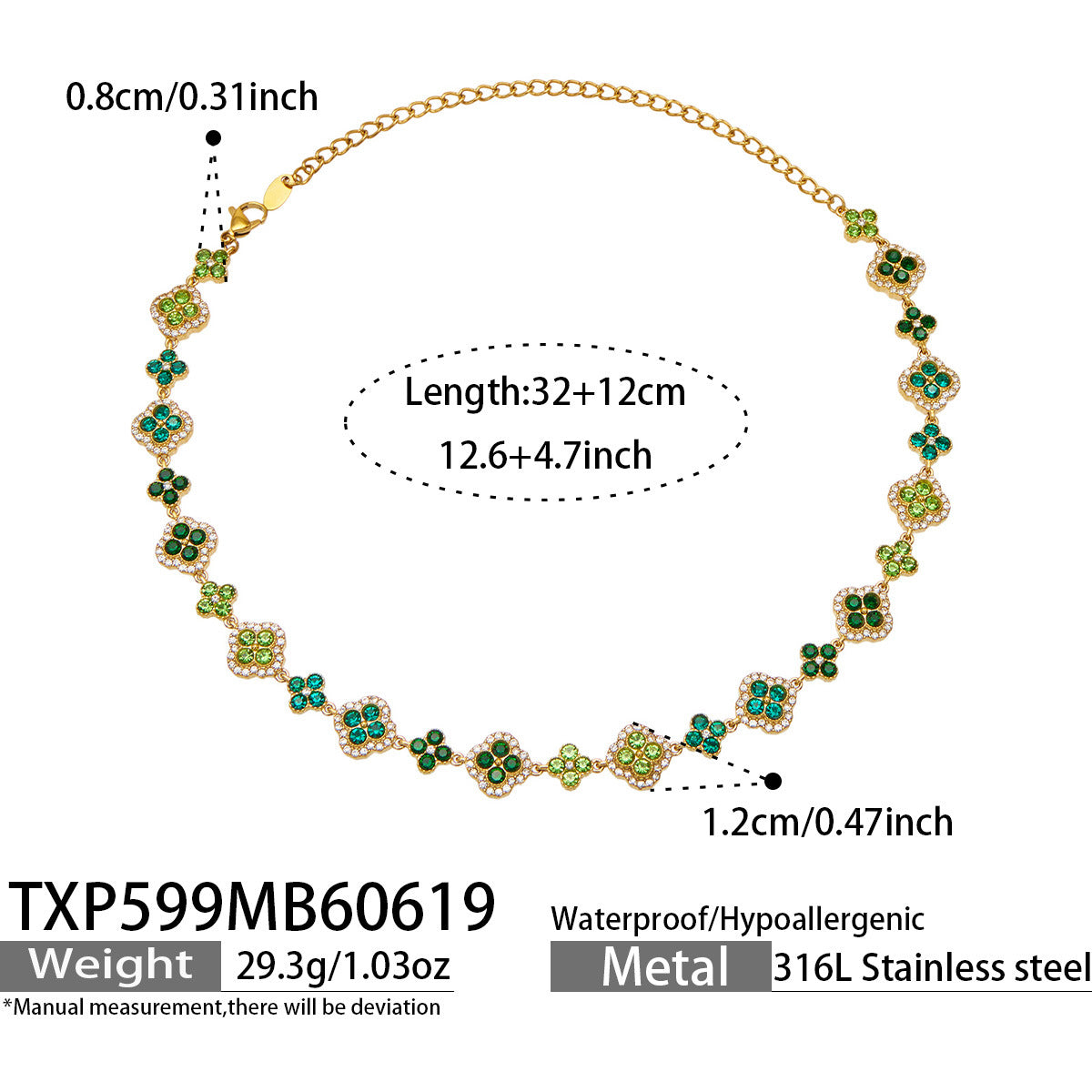 316L Stainless Steel 18K Gold PVD Full Zircon Four Leaf Clover Jewelry Set - Four Leaf Clover Full Zircon Luxury Gold Jewelry Colorful Zircon Necklace Bracelet Earrings Wholesale Stainless Steel Jewelry - Sensitive Skin Friendly - Detail 41