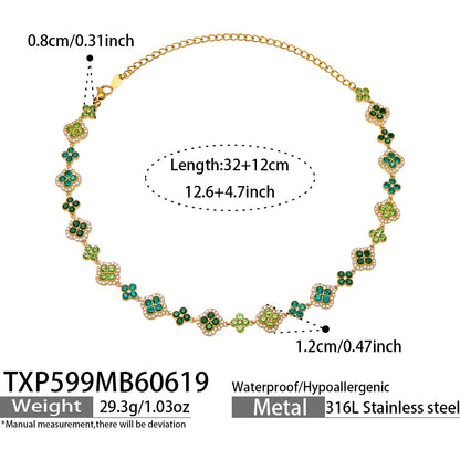 316L Stainless Steel 18K Gold PVD Full Zircon Four Leaf Clover Jewelry Set - Four Leaf Clover Full Zircon Luxury Gold Jewelry Colorful Zircon Necklace Bracelet Earrings Wholesale Stainless Steel Jewelry - Sensitive Skin Friendly - Detail 41