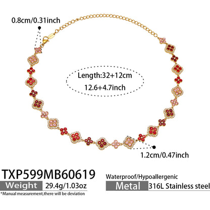 316L Stainless Steel 18K Gold PVD Full Zircon Four Leaf Clover Jewelry Set - Four Leaf Clover Full Zircon Luxury Gold Jewelry Colorful Zircon Necklace Bracelet Earrings Wholesale Stainless Steel Jewelry - Sensitive Skin Friendly - Detail 42