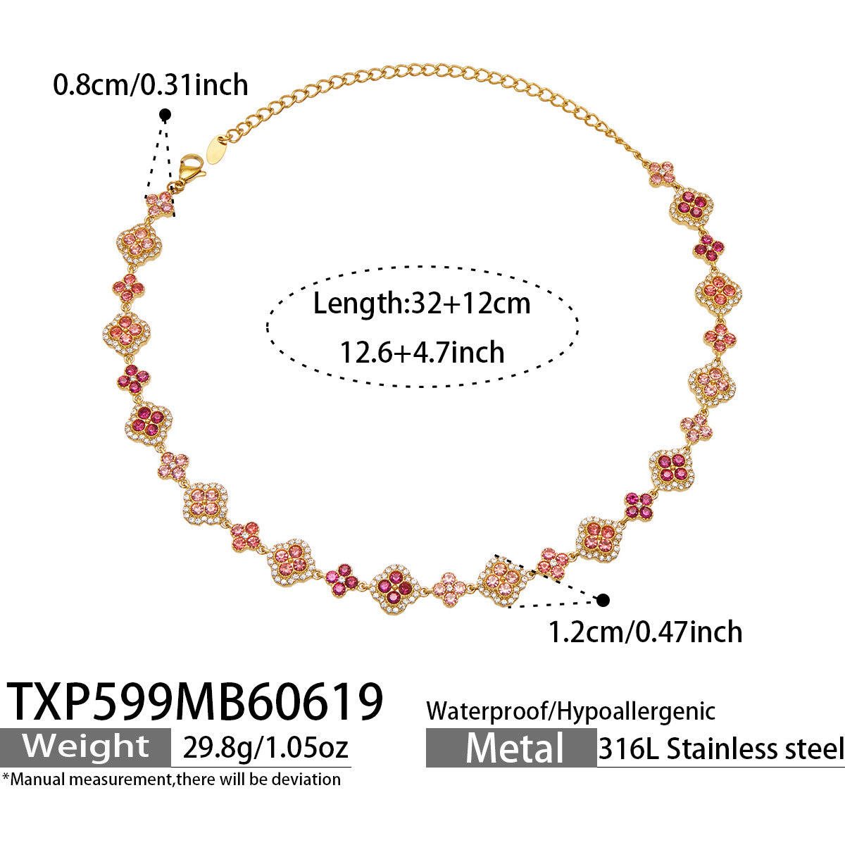 316L Stainless Steel 18K Gold PVD Full Zircon Four Leaf Clover Jewelry Set - Four Leaf Clover Full Zircon Luxury Gold Jewelry Colorful Zircon Necklace Bracelet Earrings Wholesale Stainless Steel Jewelry - Sensitive Skin Friendly - Detail 44