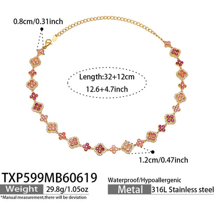 316L Stainless Steel 18K Gold PVD Full Zircon Four Leaf Clover Jewelry Set - Four Leaf Clover Full Zircon Luxury Gold Jewelry Colorful Zircon Necklace Bracelet Earrings Wholesale Stainless Steel Jewelry - Sensitive Skin Friendly - Detail 44