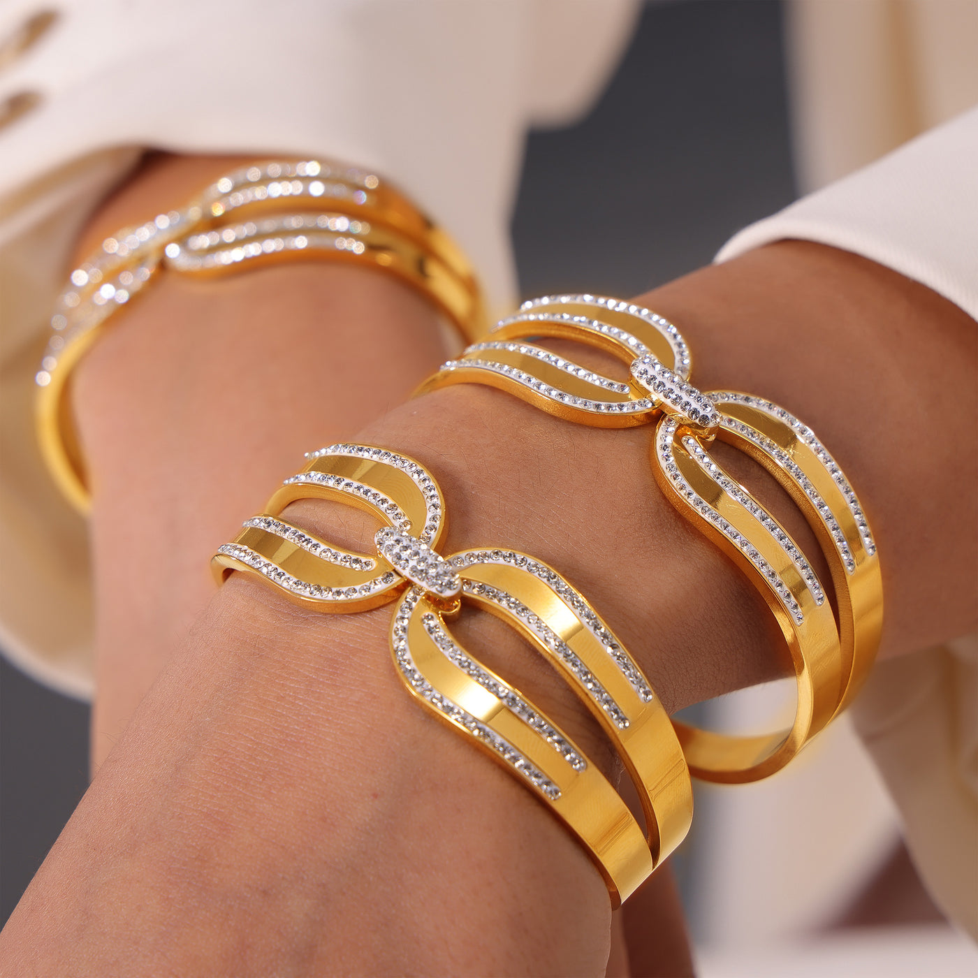 316L Stainless Steel 18K PVD Gold Double Layer Zircon Bangle made with 316L stainless steel and 18K PVD gold finish for wholesale jewelry buyers - image 4