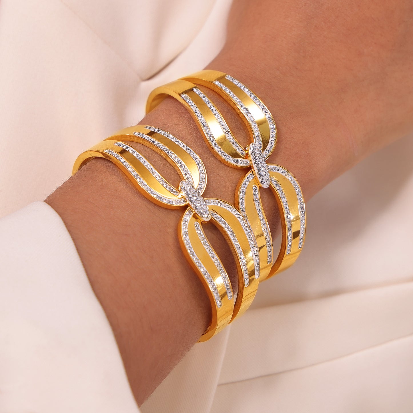 316L Stainless Steel 18K PVD Gold Double Layer Zircon Bangle made with 316L stainless steel and 18K PVD gold finish for wholesale jewelry buyers - image 6