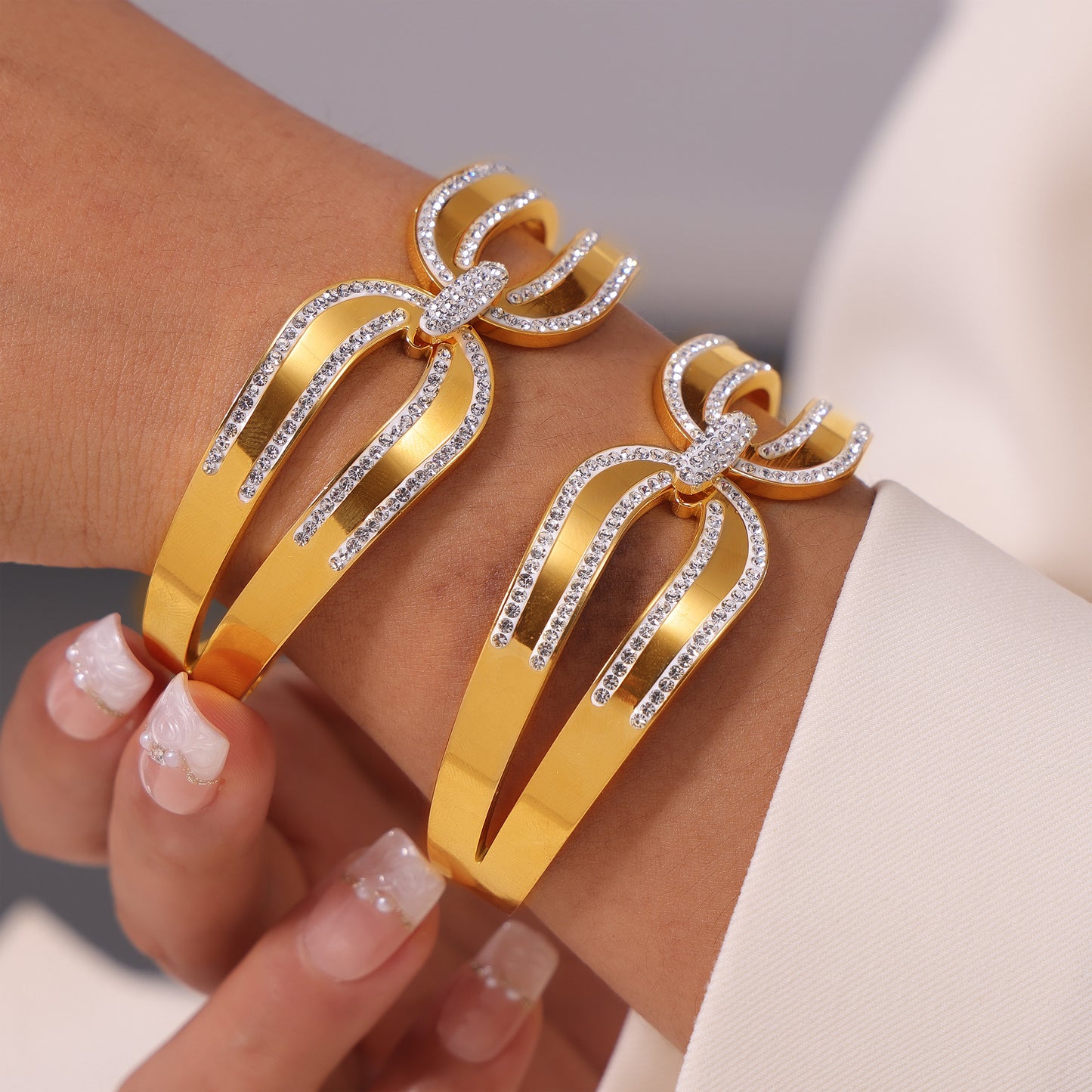 316L Stainless Steel 18K PVD Gold Double Layer Zircon Bangle made with 316L stainless steel and 18K PVD gold finish for wholesale jewelry buyers - image 8