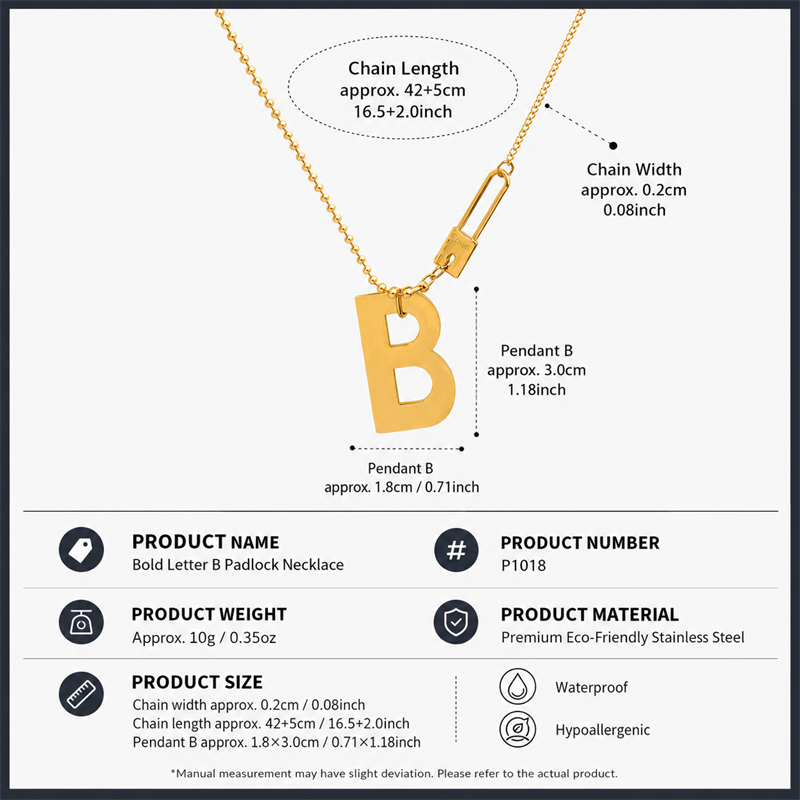 316L Stainless Steel 18K PVD Gold B Letter Lock Necklace made with 316L stainless steel and 18K PVD gold finish for wholesale jewelry buyers - image 8