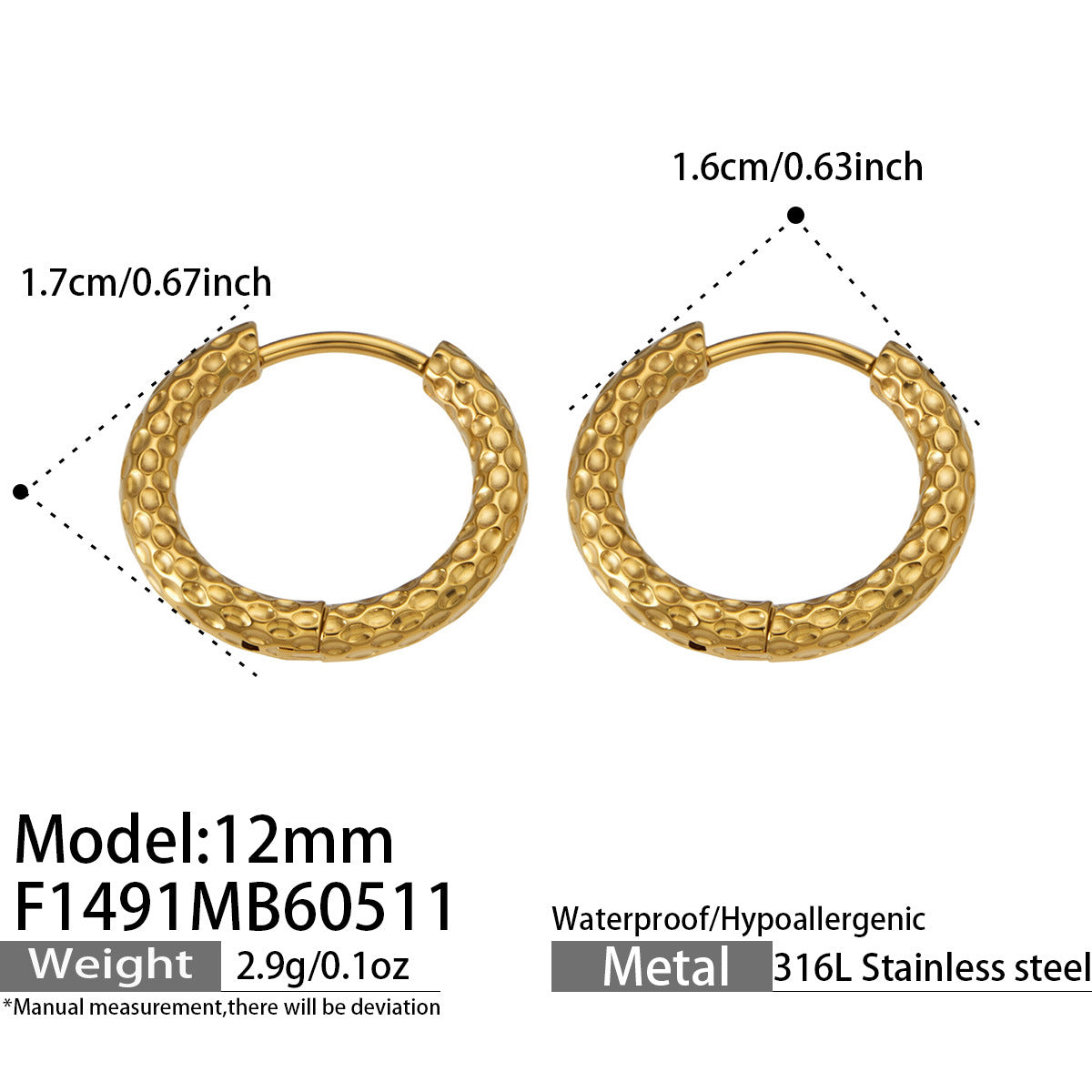 316L Stainless Steel 18K Gold PVD Striped Hoop Earrings