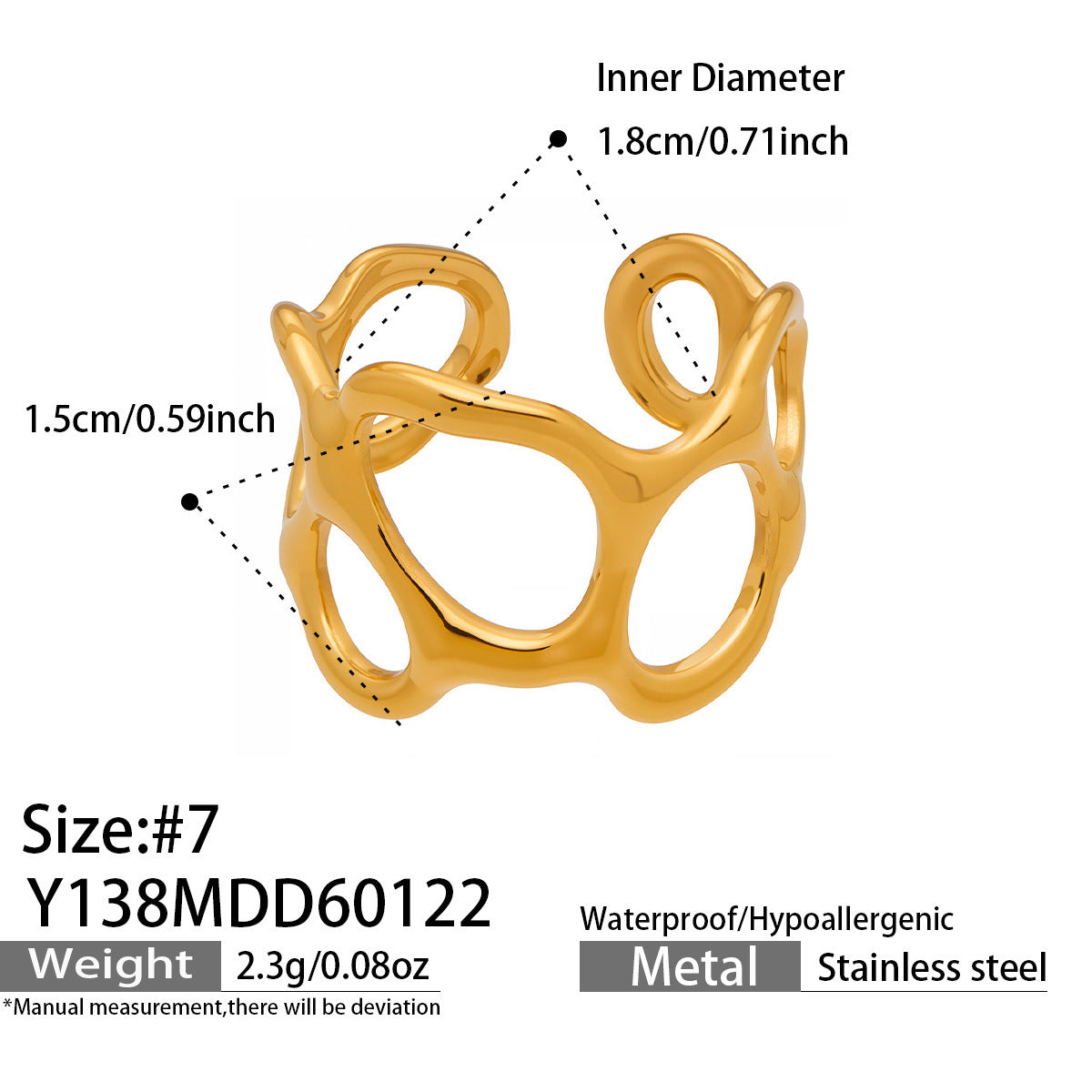 316L Stainless Steel 18K Gold PVD Artistic Flower Irregular Open  Ring