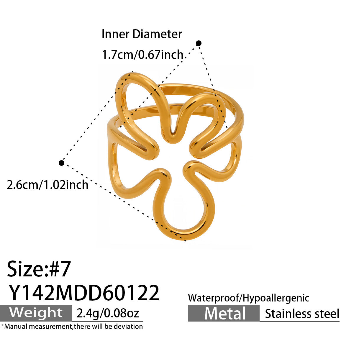 316L Stainless Steel 18K Gold PVD Artistic Flower Irregular Open  Ring