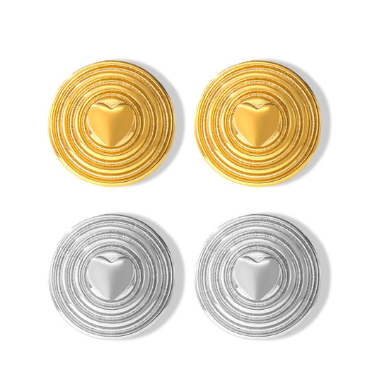 316L Stainless Steel 18K Gold PVD Multi-Layer Circle Heart Shield Stud Earrings