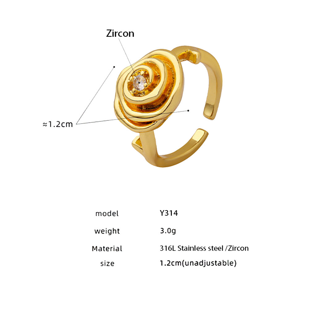 316L Stainless Steel 18K Gold PVD Vintage Rose Flower Zircon Ring