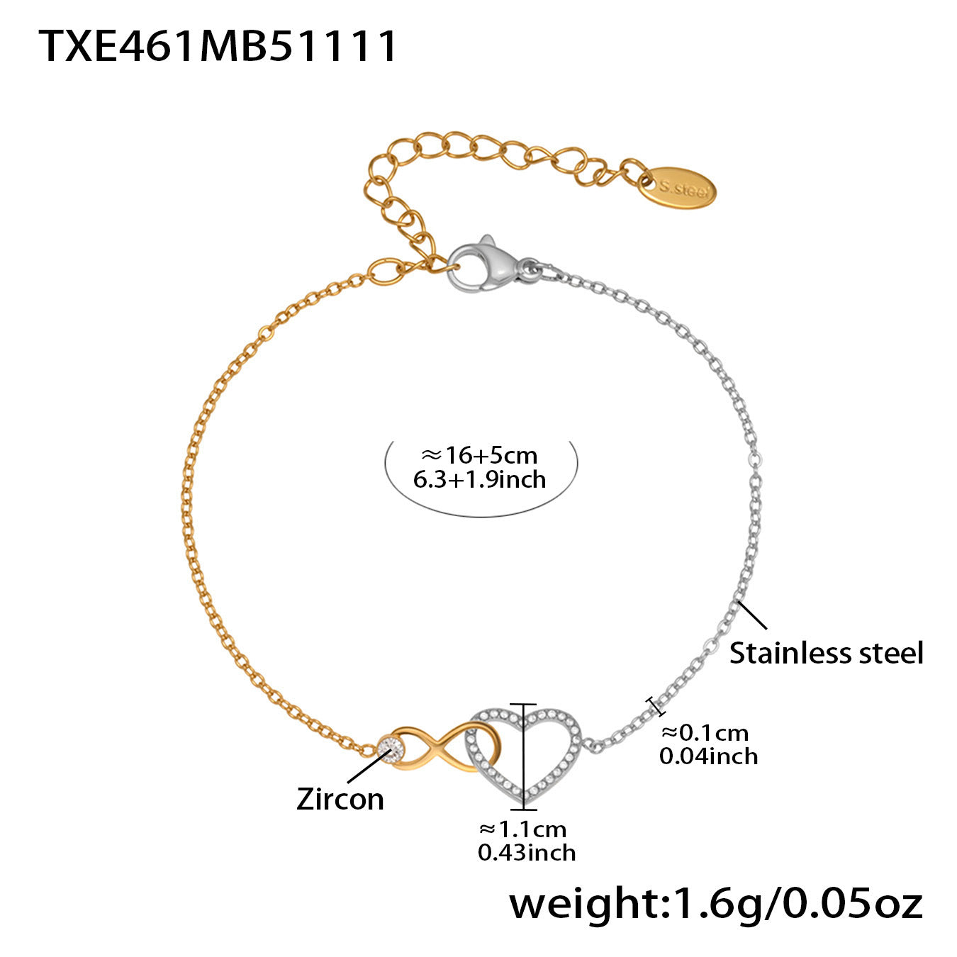 316L Stainless Steel Infinity Heart Zirconia Bracelet & Necklace