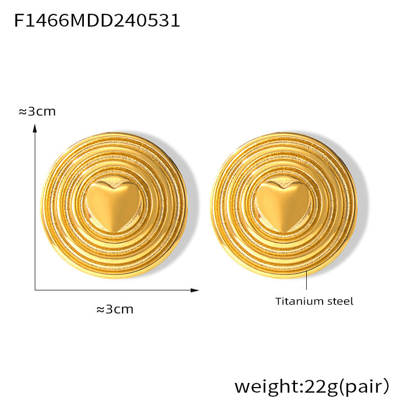 316L Stainless Steel 18K Gold PVD Multi-Layer Circle Heart Shield Stud Earrings