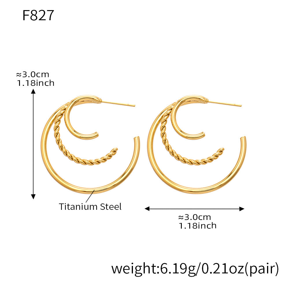 Size chart for gold earrings showing 3.0cm diameter and Titanium Steel material label.