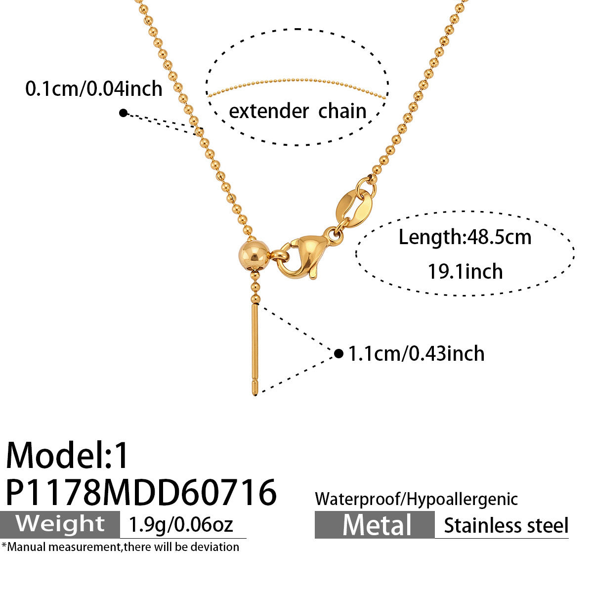Gold bead chain DIY letter charm necklace base in 316 stainless steel with extender chain, 48.5 cm length and 1.1 cm loading bar