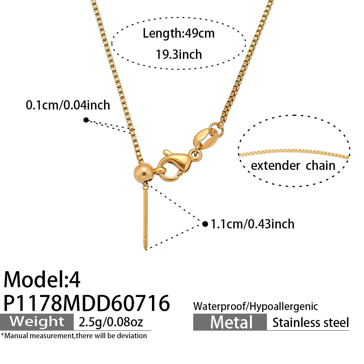 Steel box chain DIY letter charm necklace base in 316 stainless steel, 49 cm long with 11 mm charm loading bar