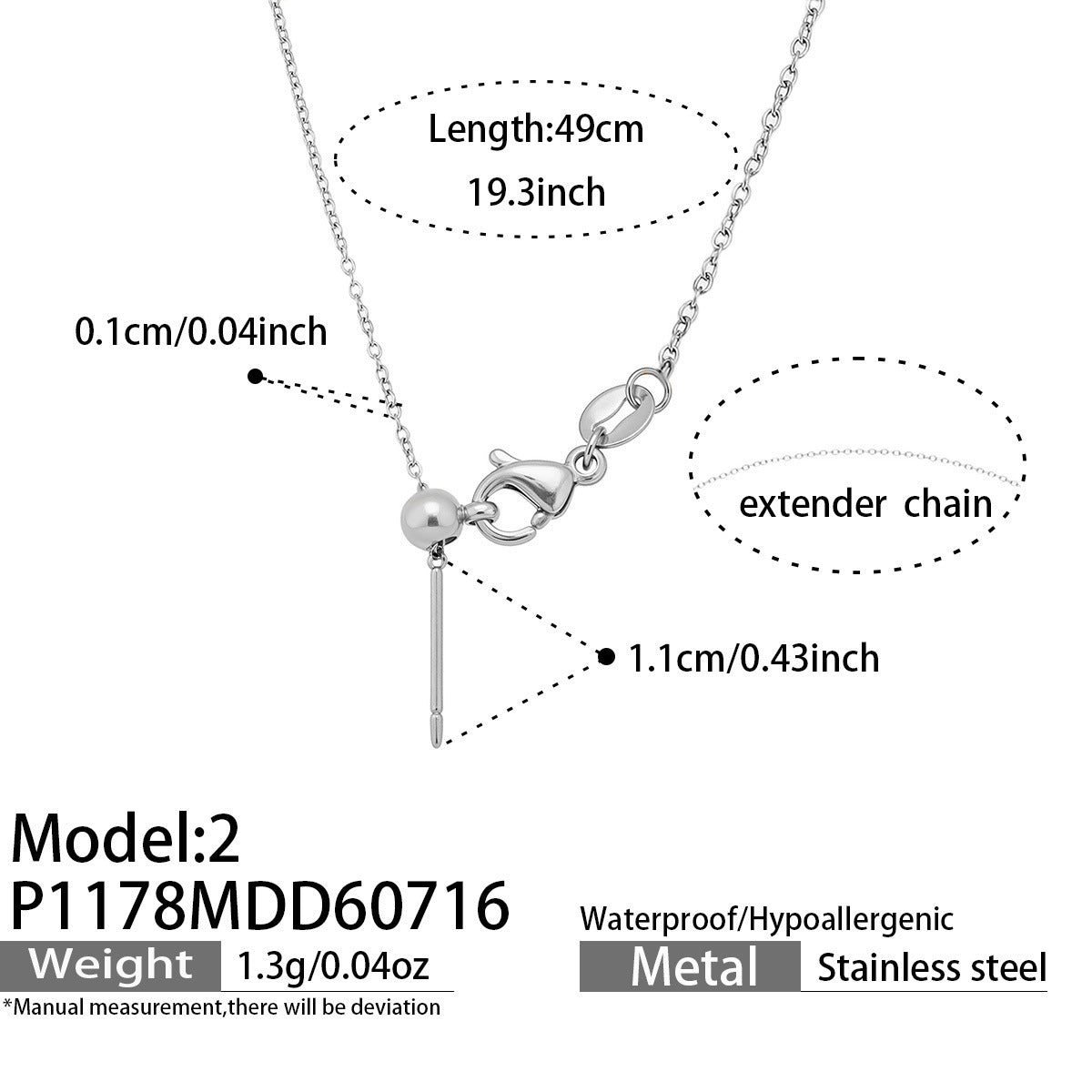 Steel cable chain DIY letter charm necklace base in 316 stainless steel with extender chain, 49 cm length and 1.1 cm loading bar