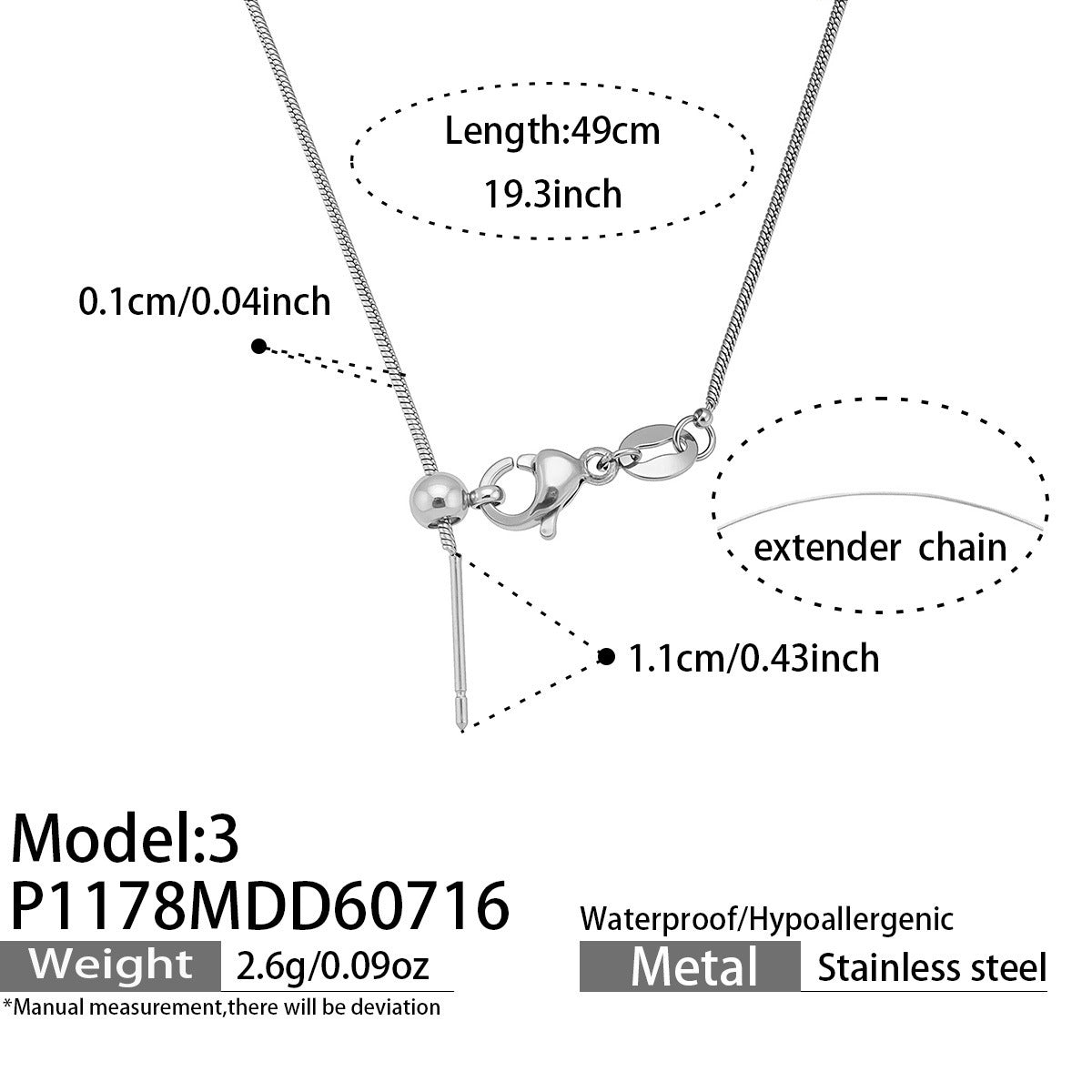 Steel snake chain DIY letter charm necklace base in 316 stainless steel with extender chain, 49 cm length and 1.1 cm loading bar