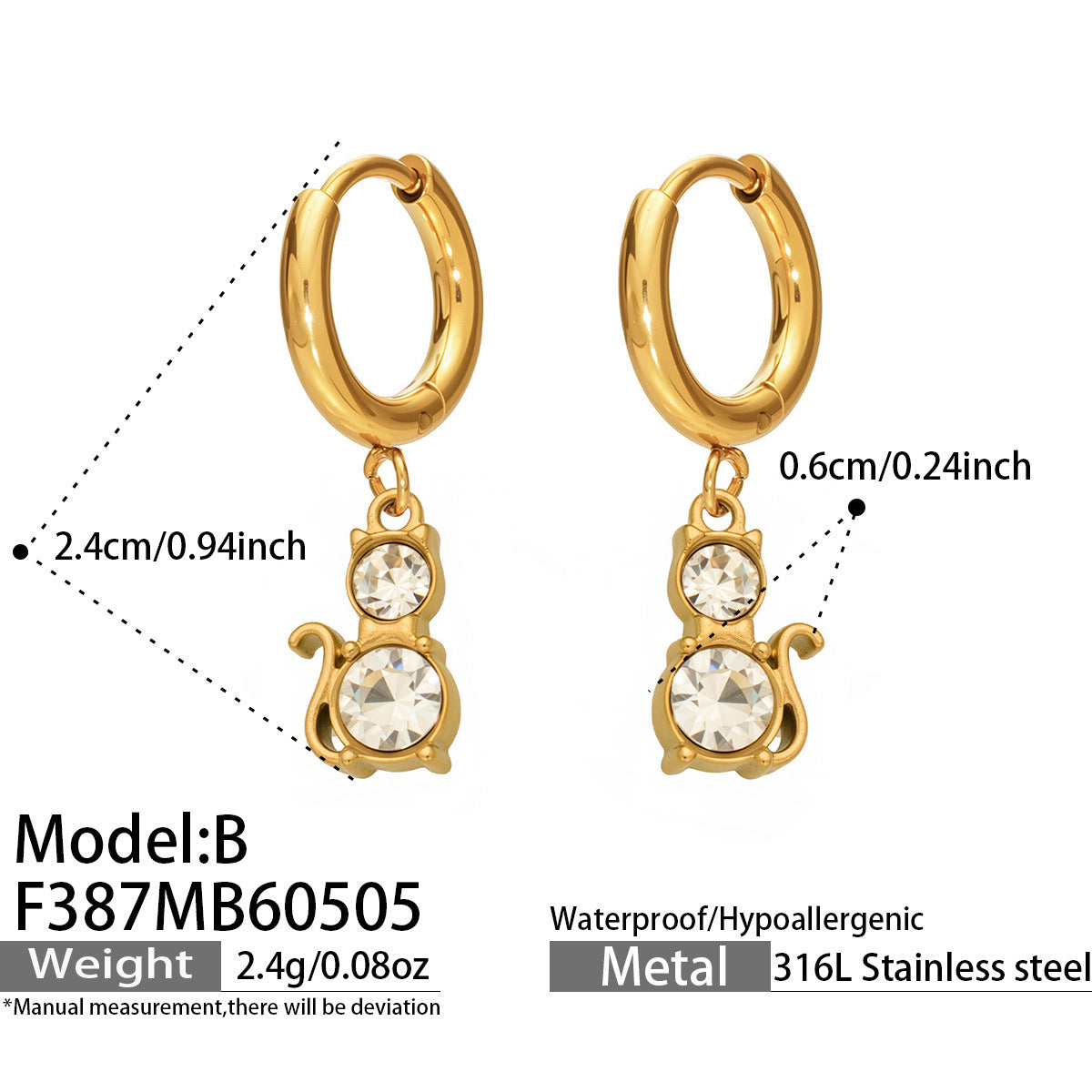 316L Stainless Steel 18K Gold PVD Cat Ear Zircon Earrings