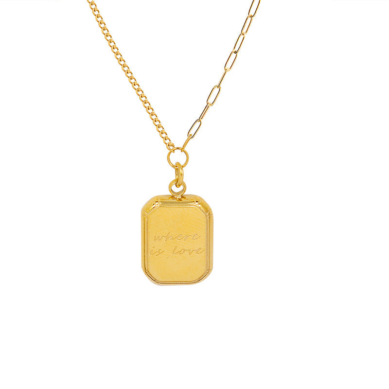 316L stainless steel 18K gold PVD plated minimalist square tag pendant necklace, engraved with "where is love", waterproof tarnish-resistant dainty dual chain design
