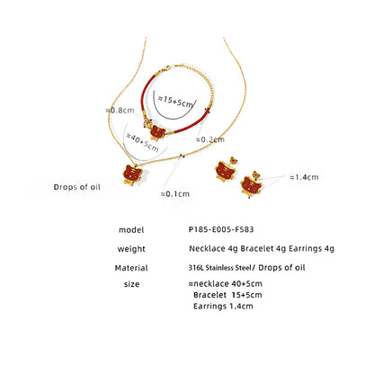 316L Stainless Steel 18K Gold PVD Tiger Zodiac Jewelry Set, including necklace, bracelet, and earrings with cute red enamel tiger design, hypoallergenic and waterproof.