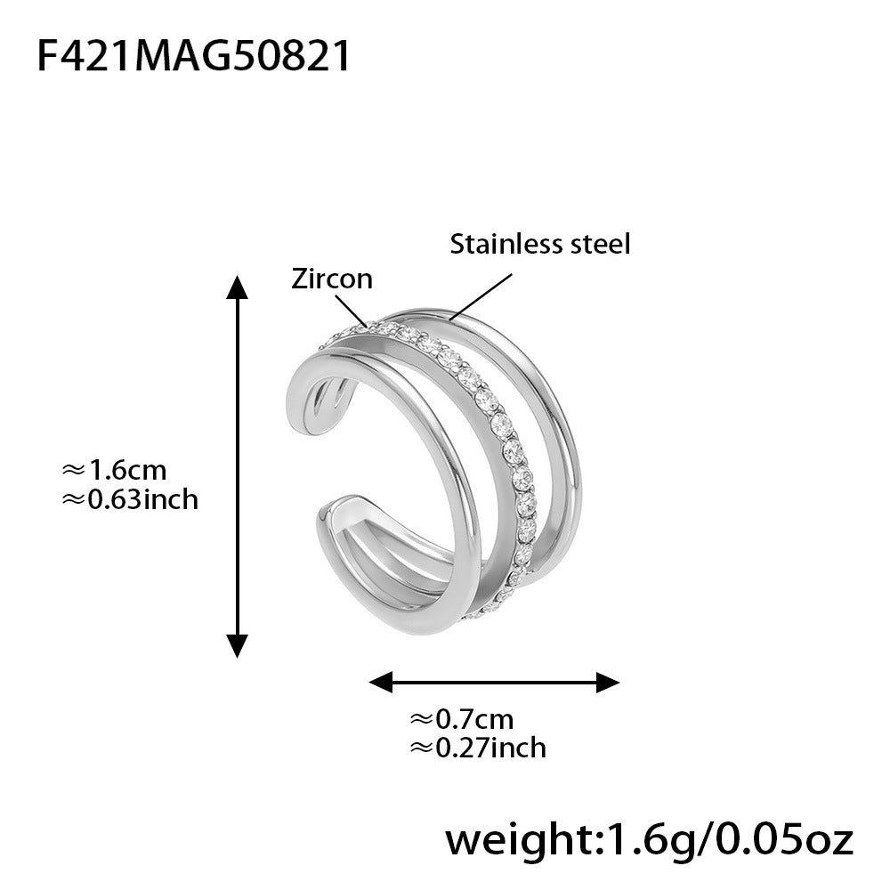 Three-Layer Zircon Ear Cuff - 316L Stainless Steel Clip-On Earring, featuring a multi-band design with clear cubic zirconia, hypoallergenic and waterproof, ideal for non-pierced ears.