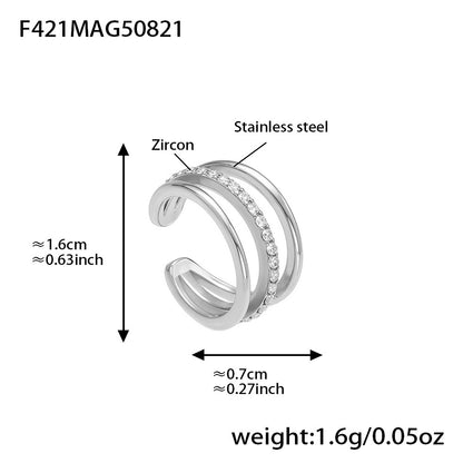 Three-Layer Zircon Ear Cuff - 316L Stainless Steel Clip-On Earring, featuring a multi-band design with clear cubic zirconia, hypoallergenic and waterproof, ideal for non-pierced ears.