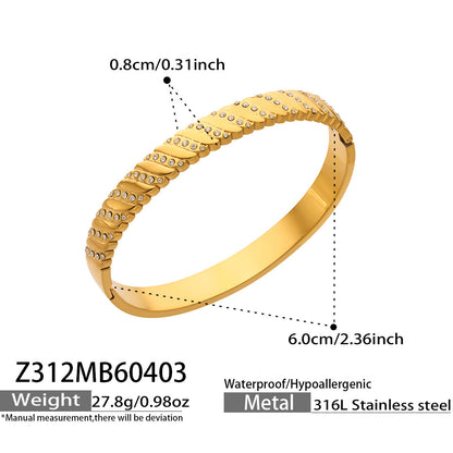 316L Stainless Steel 18K Gold PVD Wheat Spike Bangle with 5A Zircon Inlay, Hypoallergenic and Waterproof Open Cuff Bracelet for Women