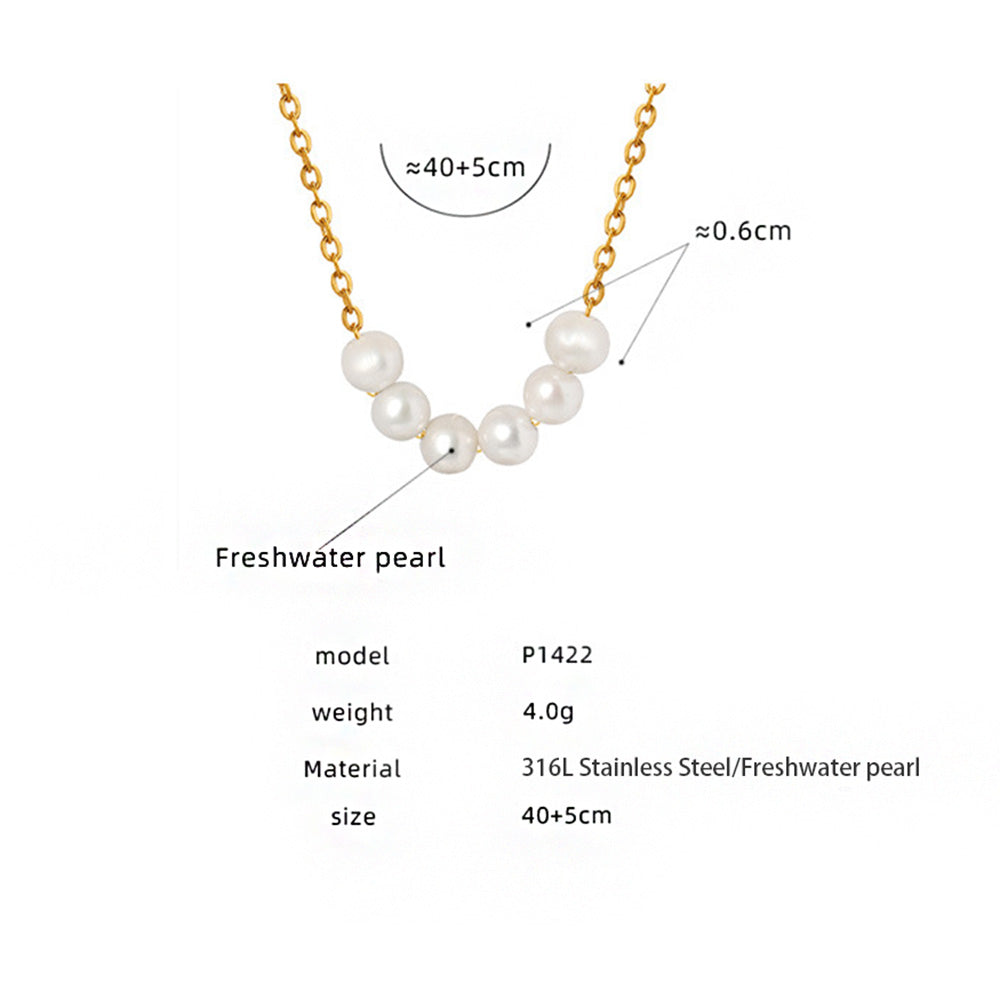 Close-up of a delicate 316L stainless steel necklace with 18K gold PVD plating, featuring 5 natural baroque freshwater pearls, adjustable 40+5cm chain, lightweight 4.0g, hypoallergenic and waterproof