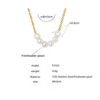 Close-up of a delicate 316L stainless steel necklace with 18K gold PVD plating, featuring 5 natural baroque freshwater pearls, adjustable 40+5cm chain, lightweight 4.0g, hypoallergenic and waterproof